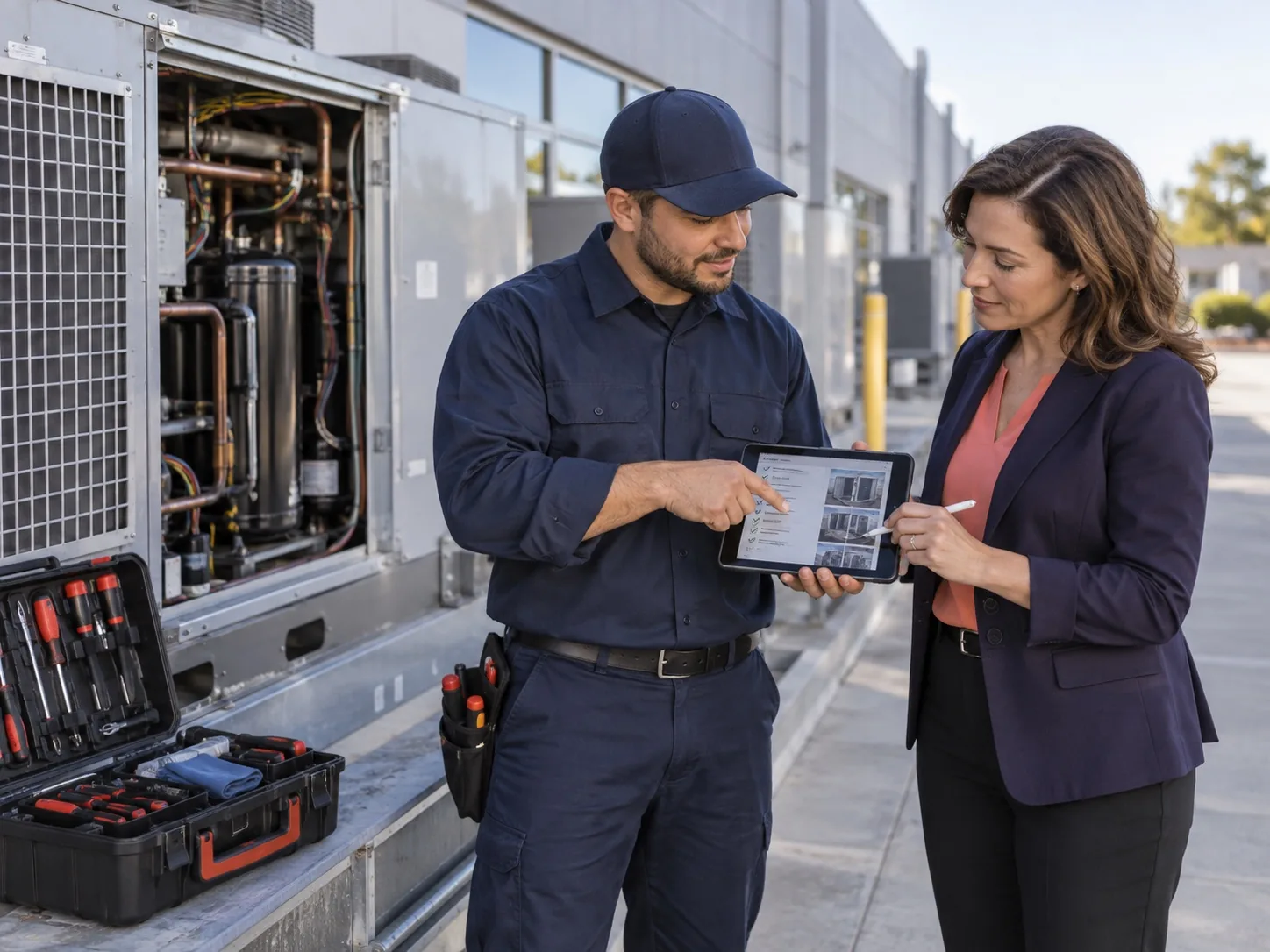 Field technician reviewing completed equipment service with a facility manager