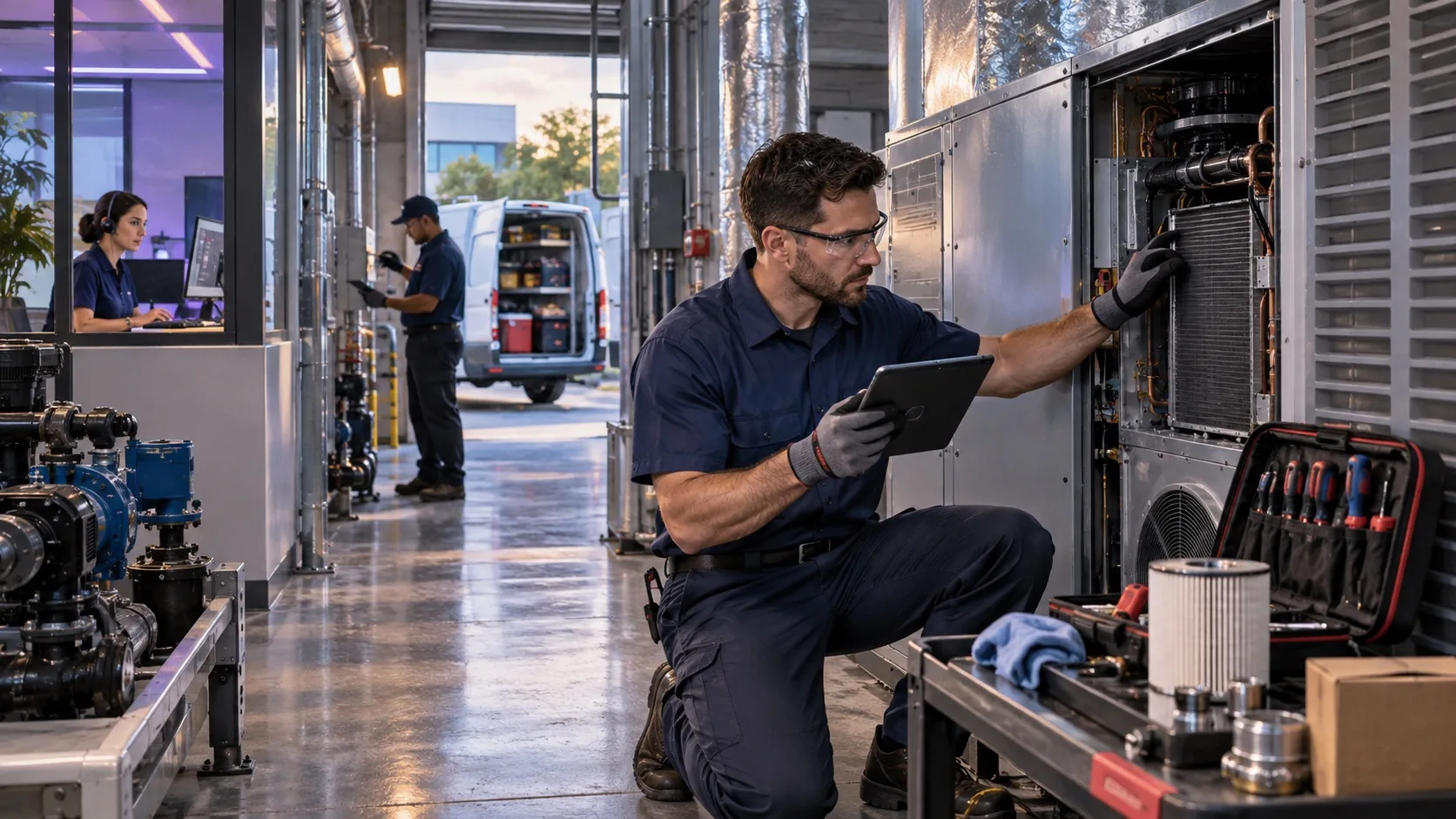 Field technicians inspecting and servicing commercial equipment with connected operational support