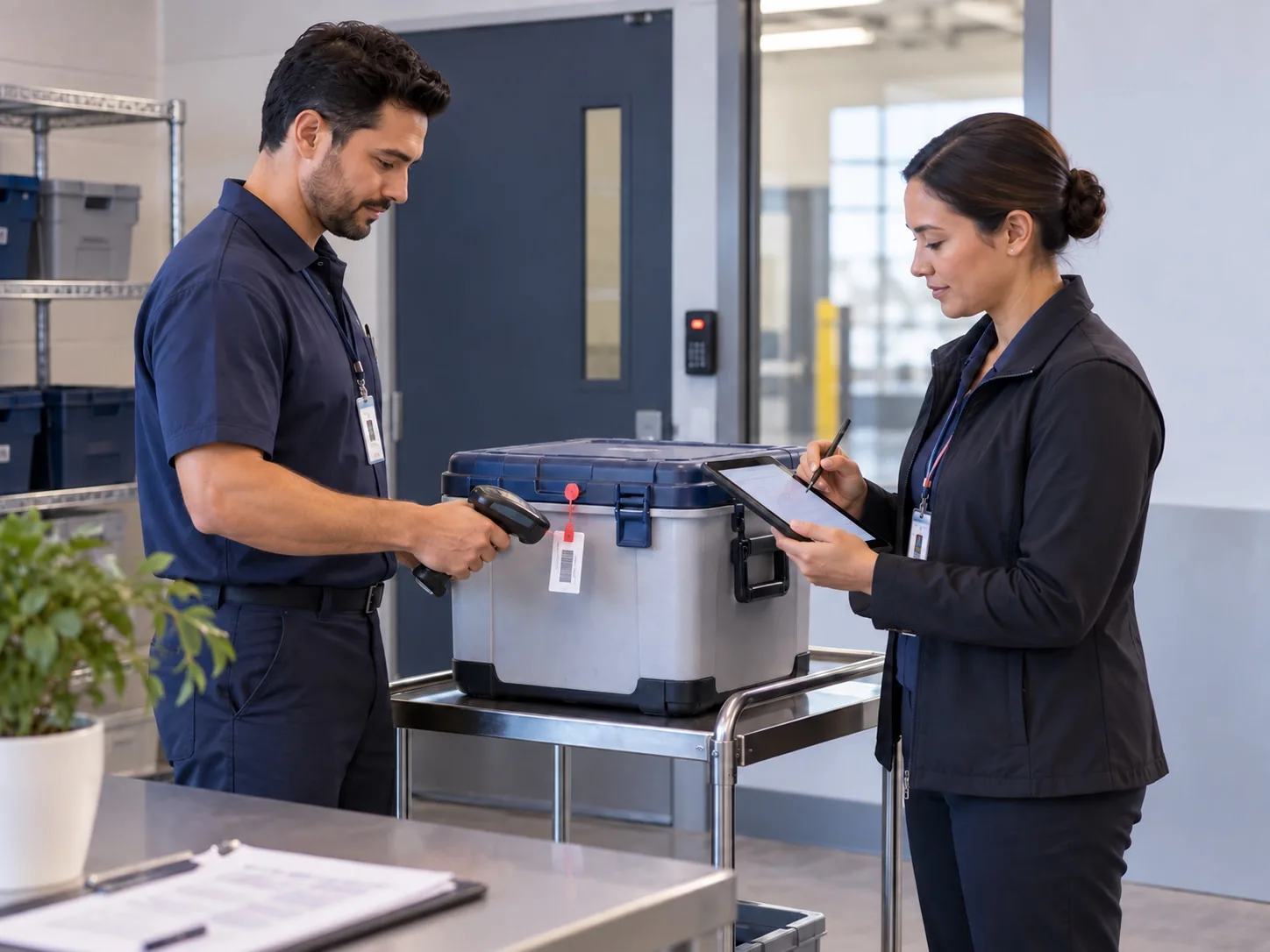 Authorized professionals scanning and documenting the handoff of a sealed regulated container