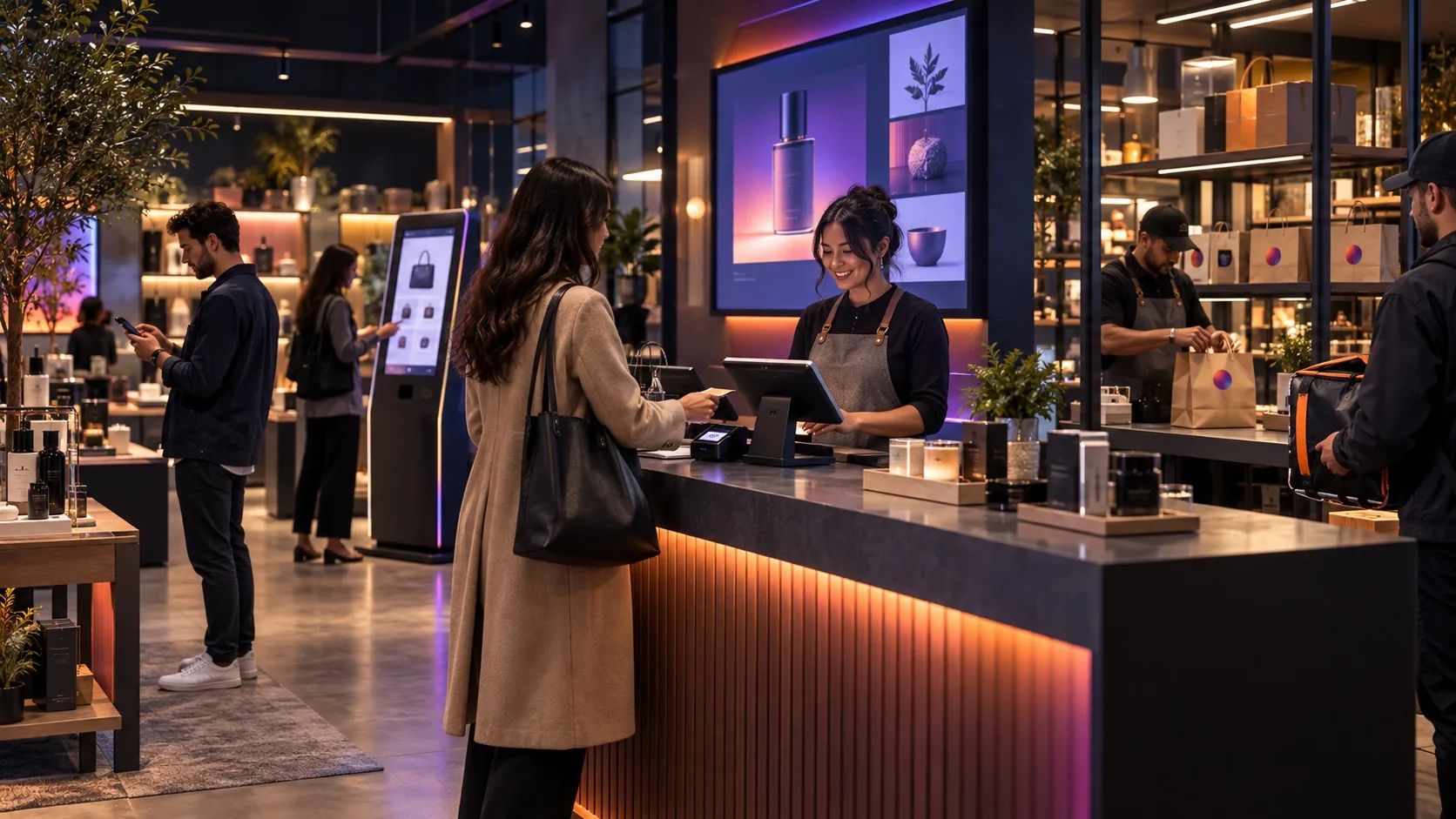 Customers and staff using connected checkout, kiosk, pickup and delivery experiences in a modern retail store