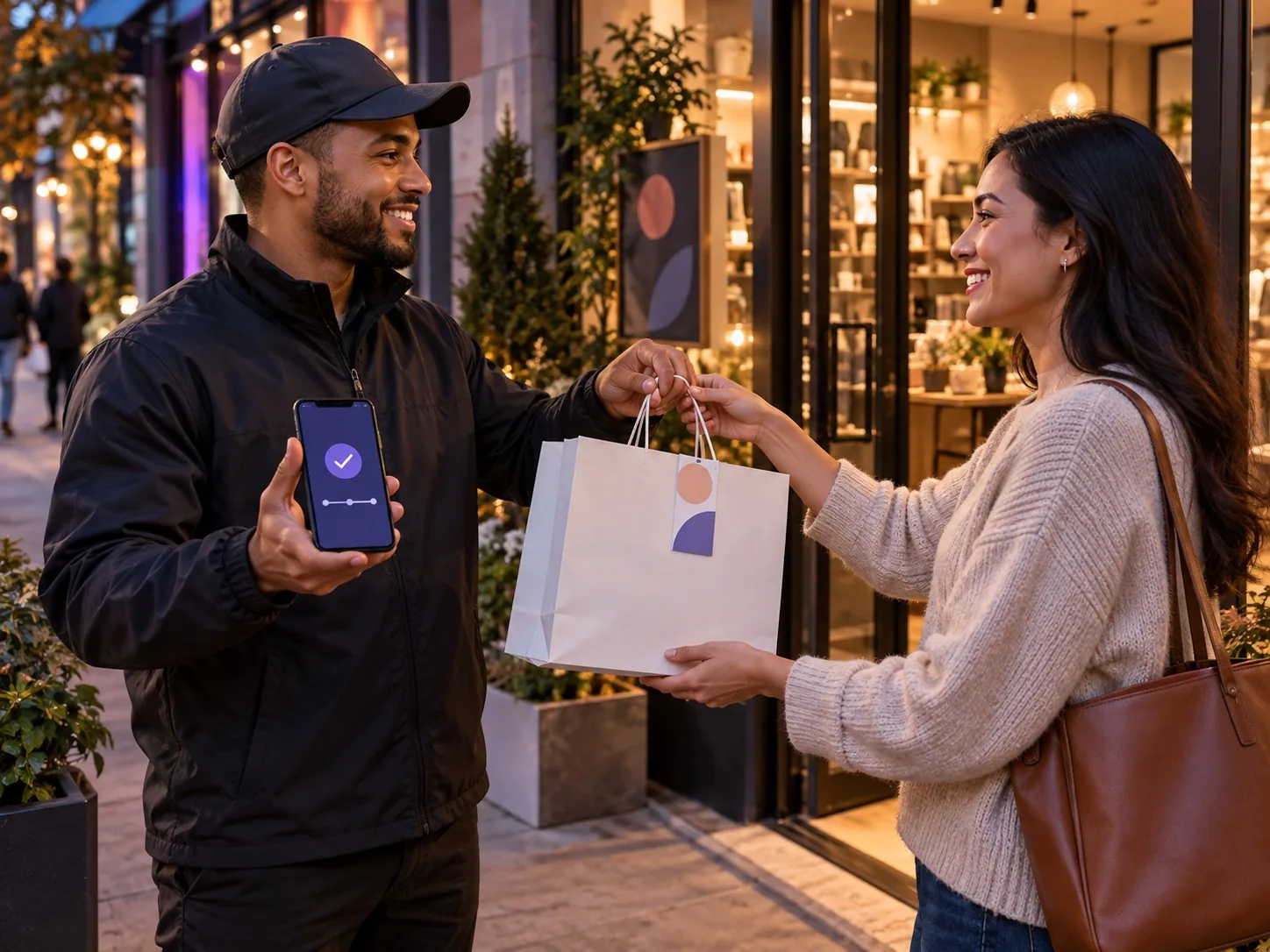 Local delivery driver confirming a completed retail order while handing the package to a customer